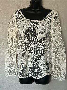 Banana U.S.A. Sheer Knit Crochet Boatneck Floral Cotton Top BOHO Sz M